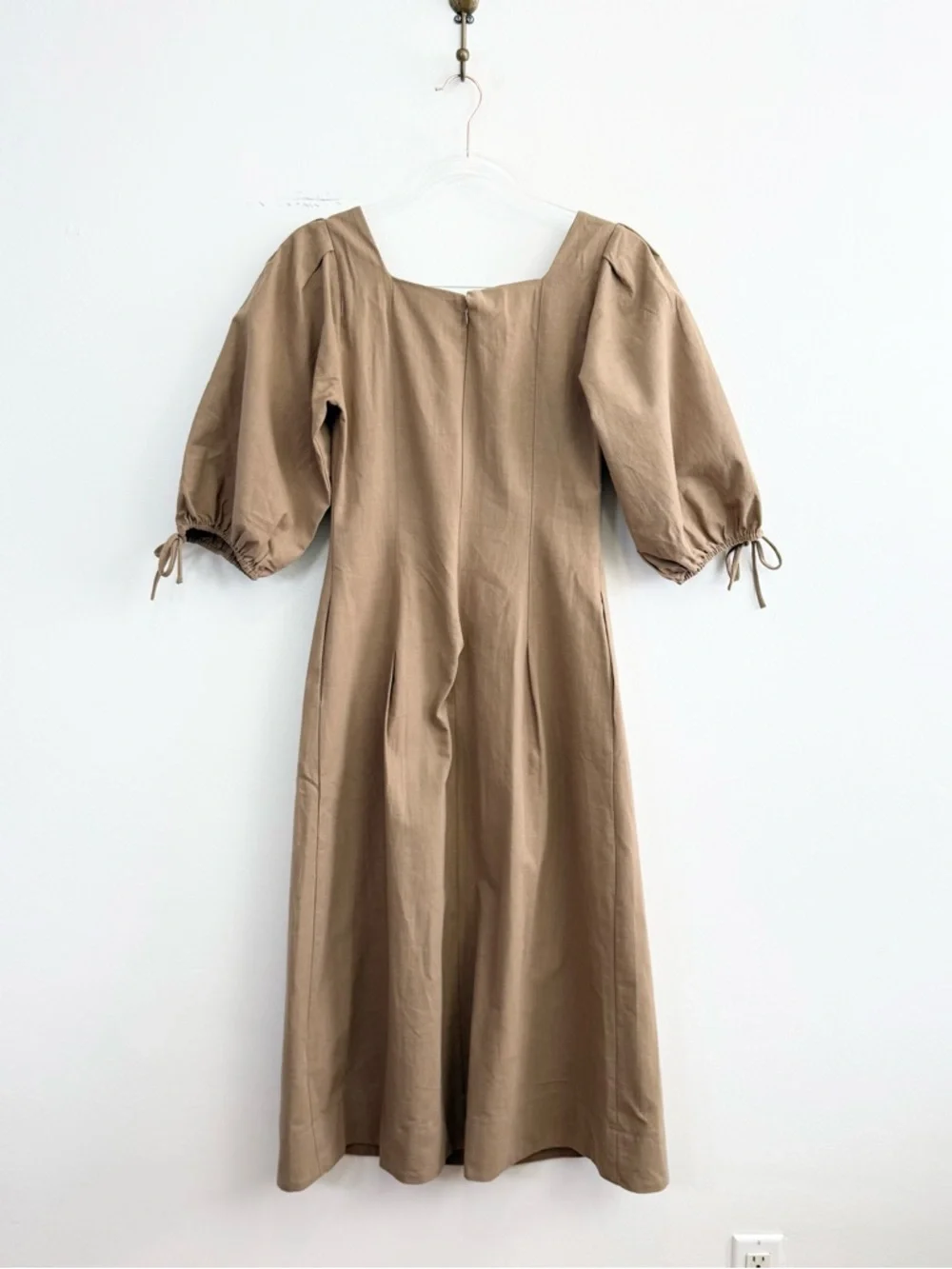 Mila Mae Tan Puff Sleeve Midi Dress Cotton Linen Square Neck Women’s Small - Picture 7 of 7